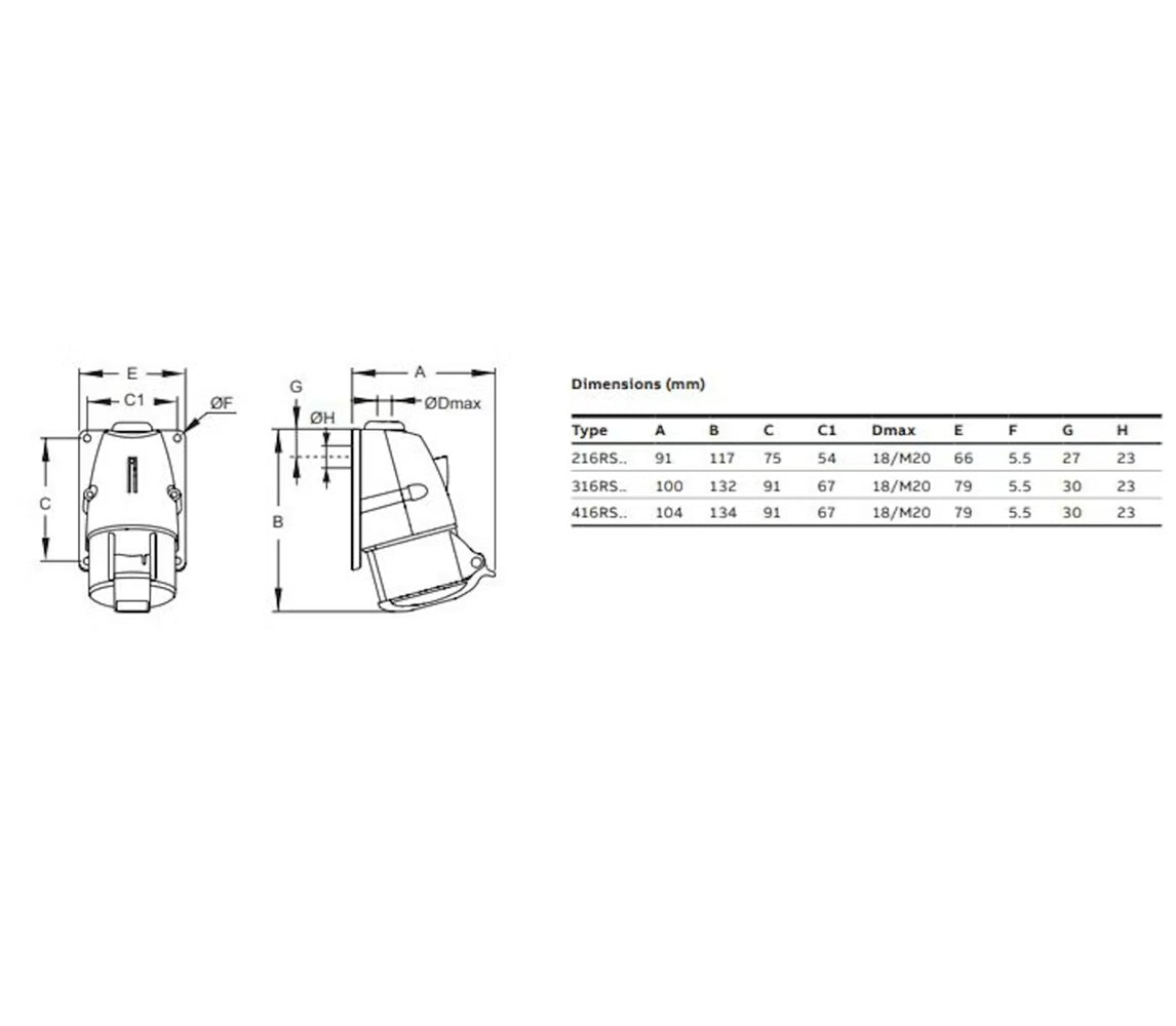 Voimapistorasia Amphenol 16A, 3P+N+E, IP44, musta