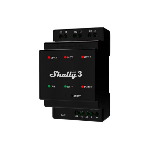 Shelly Pro 3 ohjelmoitava DIN-kiskorele, 3x16A, WiFi, LAN, Bluetooth