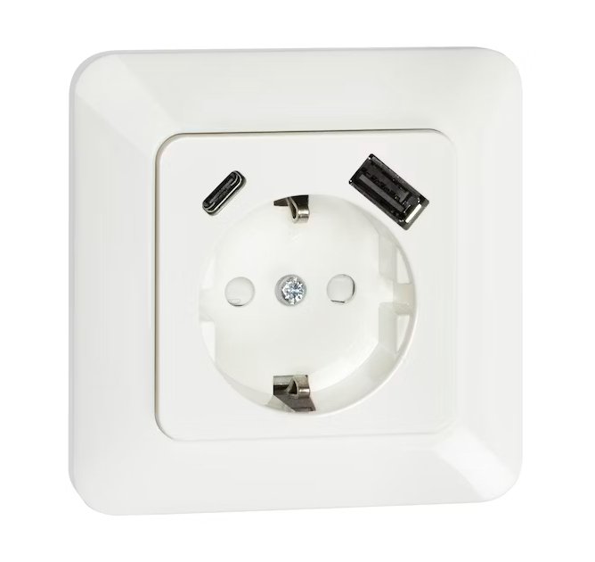 Pistorasia Opal Uppo 1-osainen 16A IP20 UPR 2x USB A + C Valkoinen